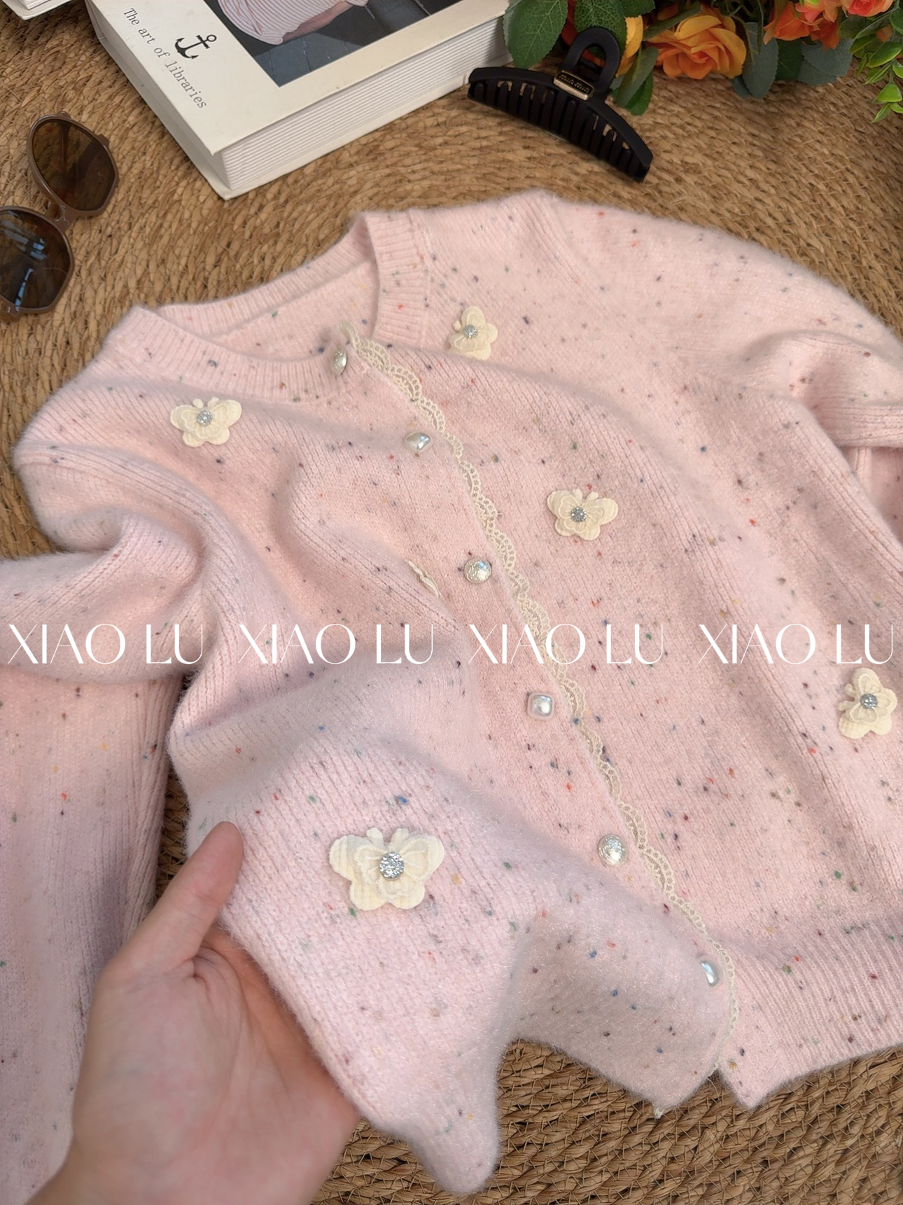 【小鹿推荐】立体小花百搭针织开衫时尚百搭点子纱圆领韩系上衣外套