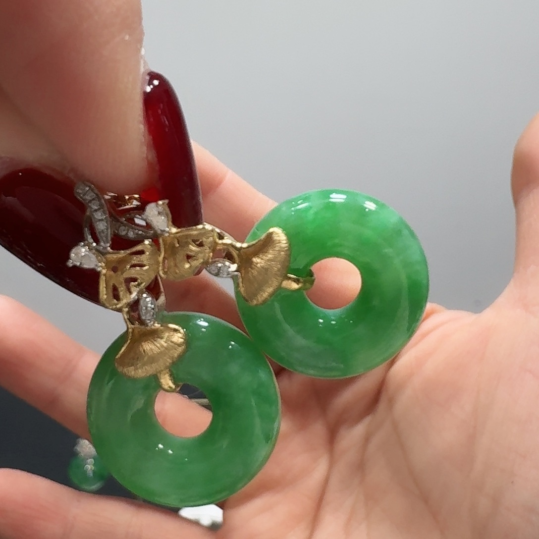 翡翠耳饰18K金镶嵌耳饰 有棉 能接受拍