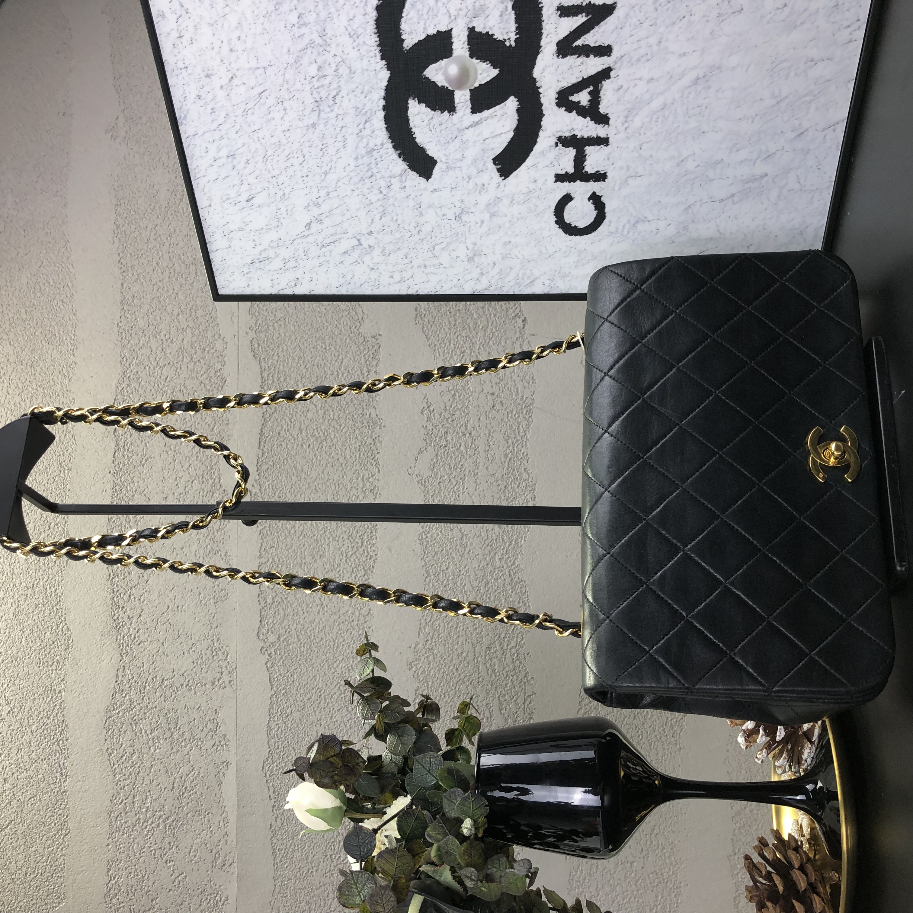 95新 Chanel/香奈儿 黑金翻盖棱格woc腋下链条包 1开带卡 底长24