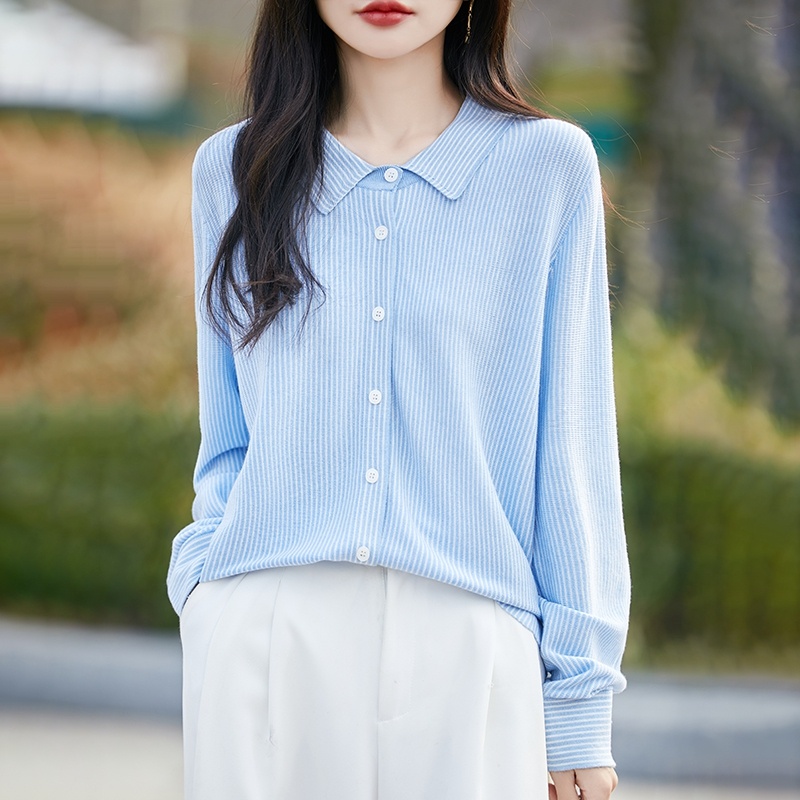 新款条纹拼色polo领精纺羊毛开衫女叠穿宽松休闲百搭上衣