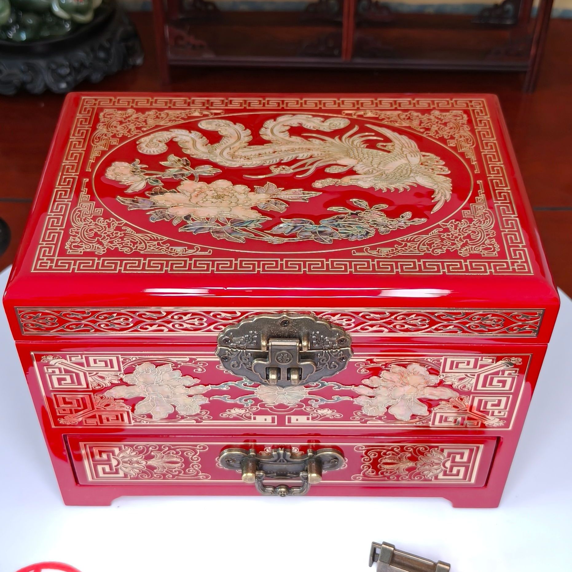 首饰盒/箱 21宽抽屉螺钿铜丝镶嵌首饰盒平遥推光漆器订婚结婚礼品