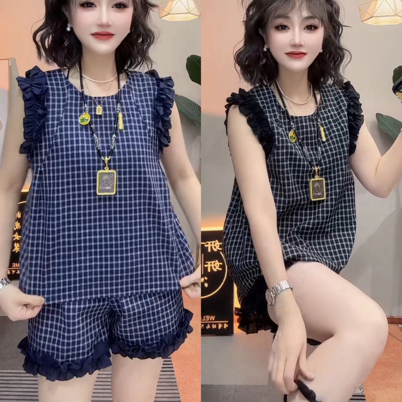 夏季时尚宽松格子夏季套装
