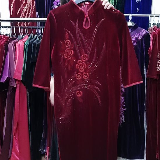 酒红色金丝绒重工长款旗袍3XL140斤以内