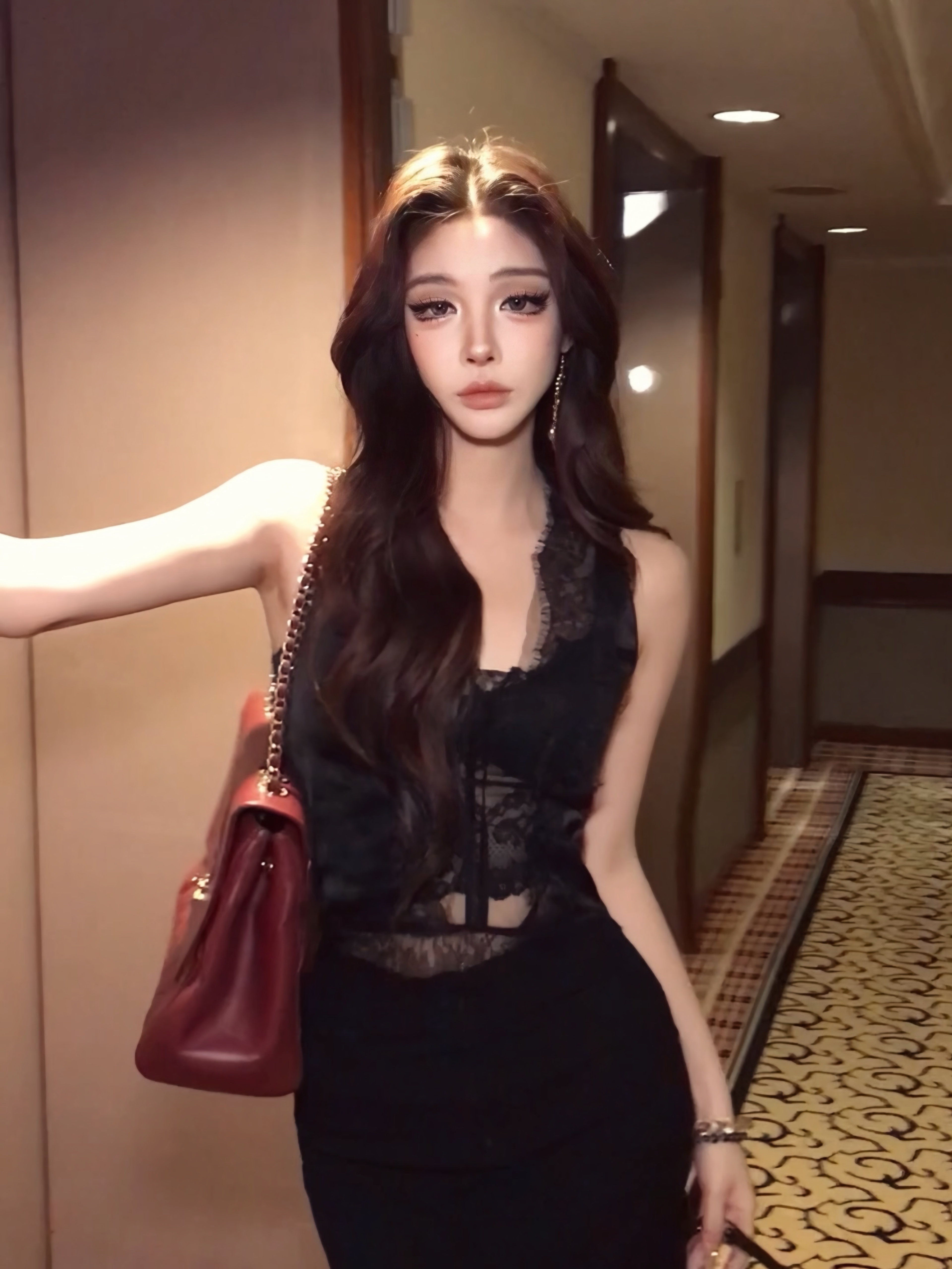 旺桃ONETOP通勤衬衫背心吊带V领睫毛蕾丝拉链衬衫御姐套装