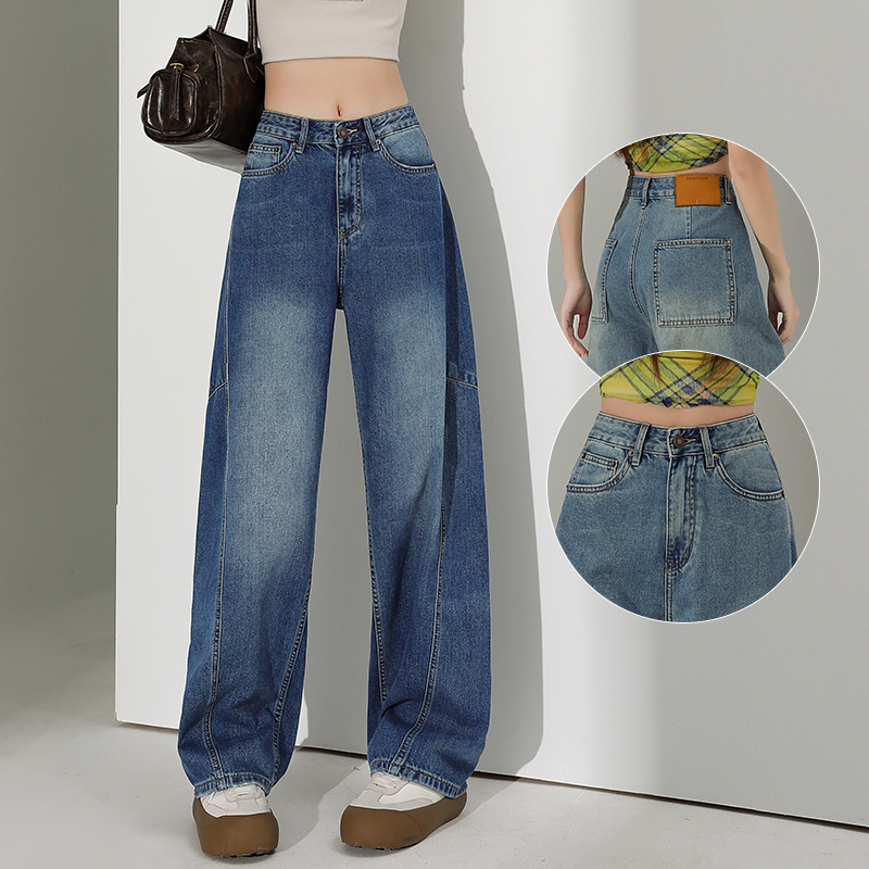 2025早春新款丹宁蓝高腰阔腿牛仔裤女款爆款休闲百搭弯刀裤拖地裤
