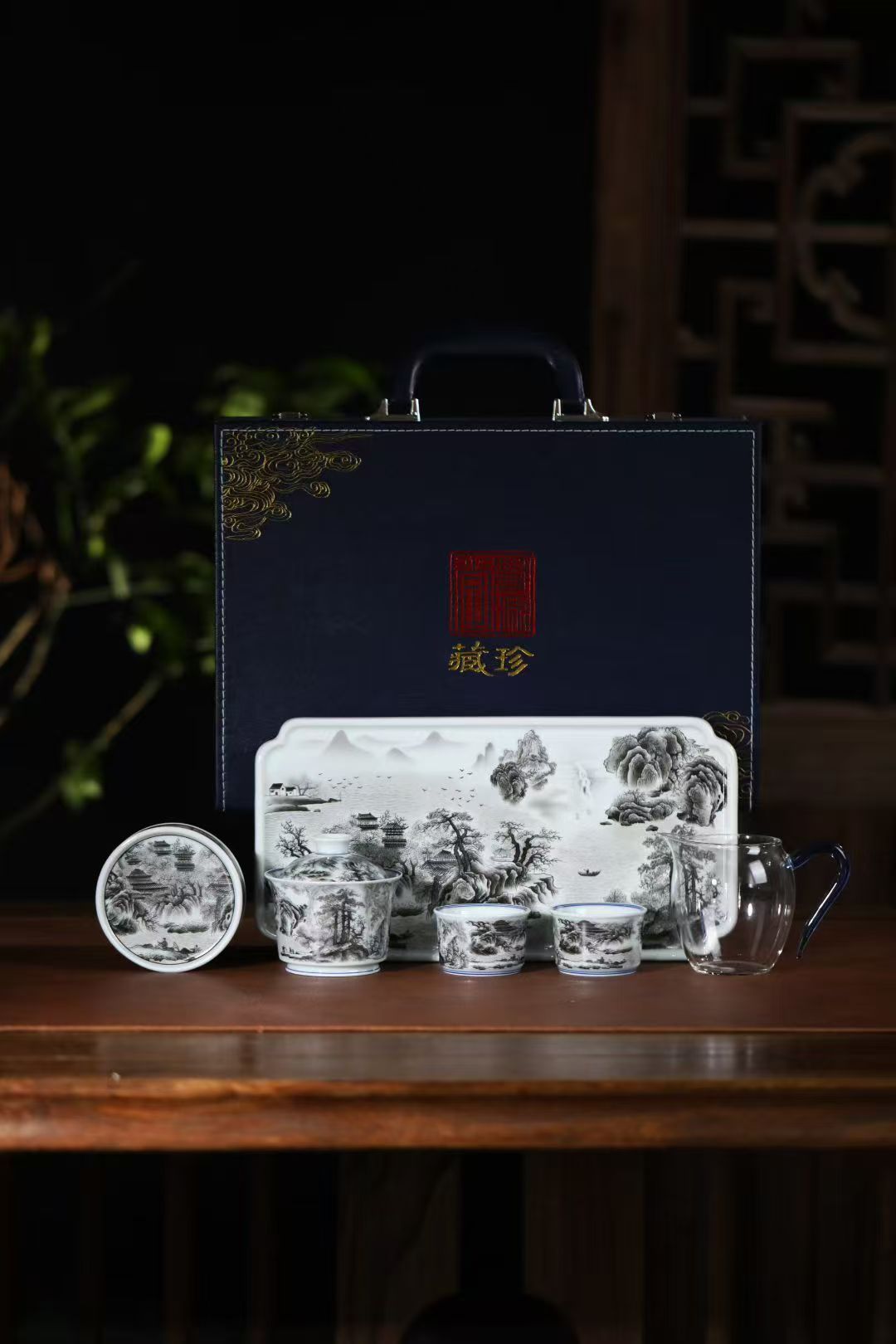 景德镇墨彩春山图山水高端茶具套组六件套礼盒装家用