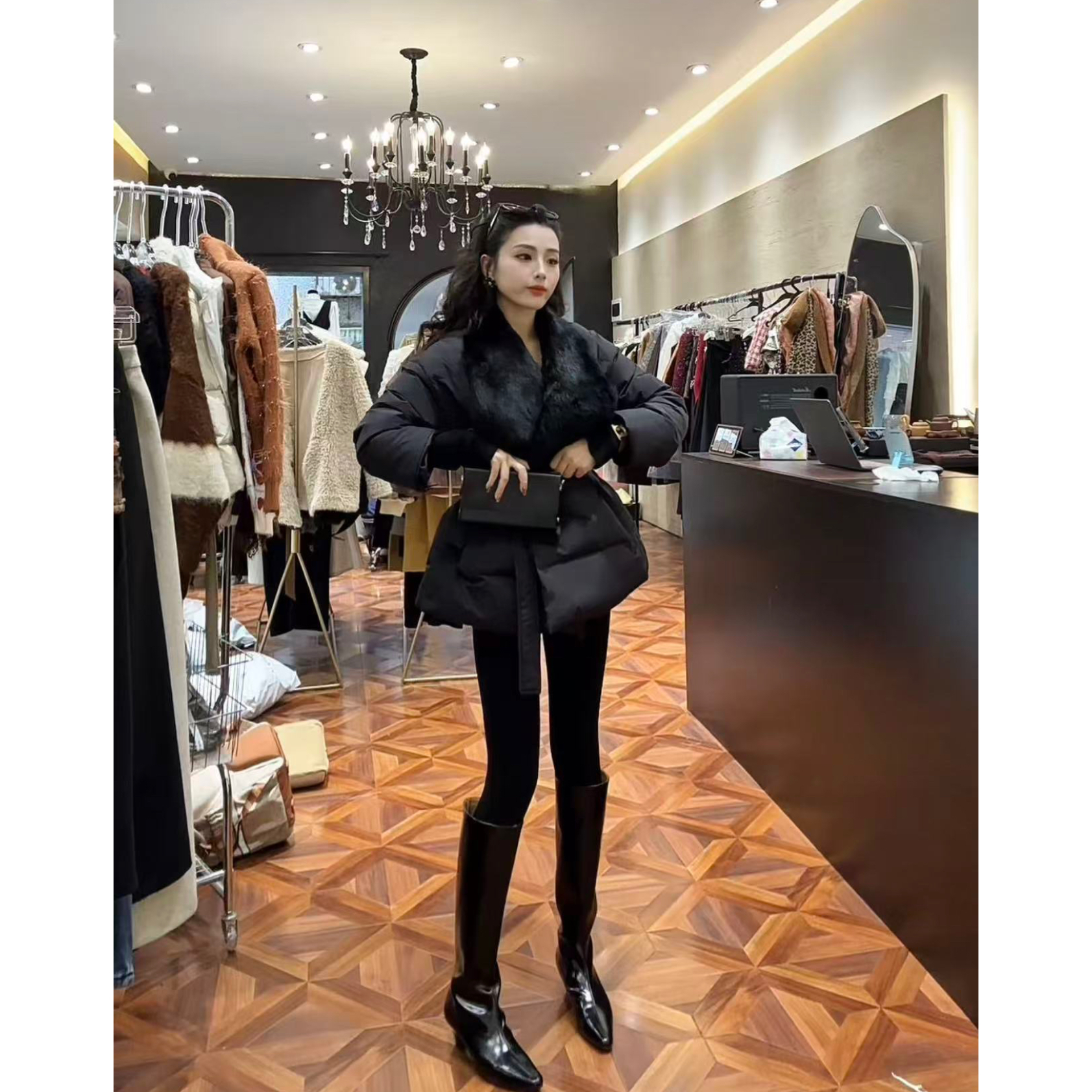 【 Wan wan】兔毛领腰部系带羽绒服