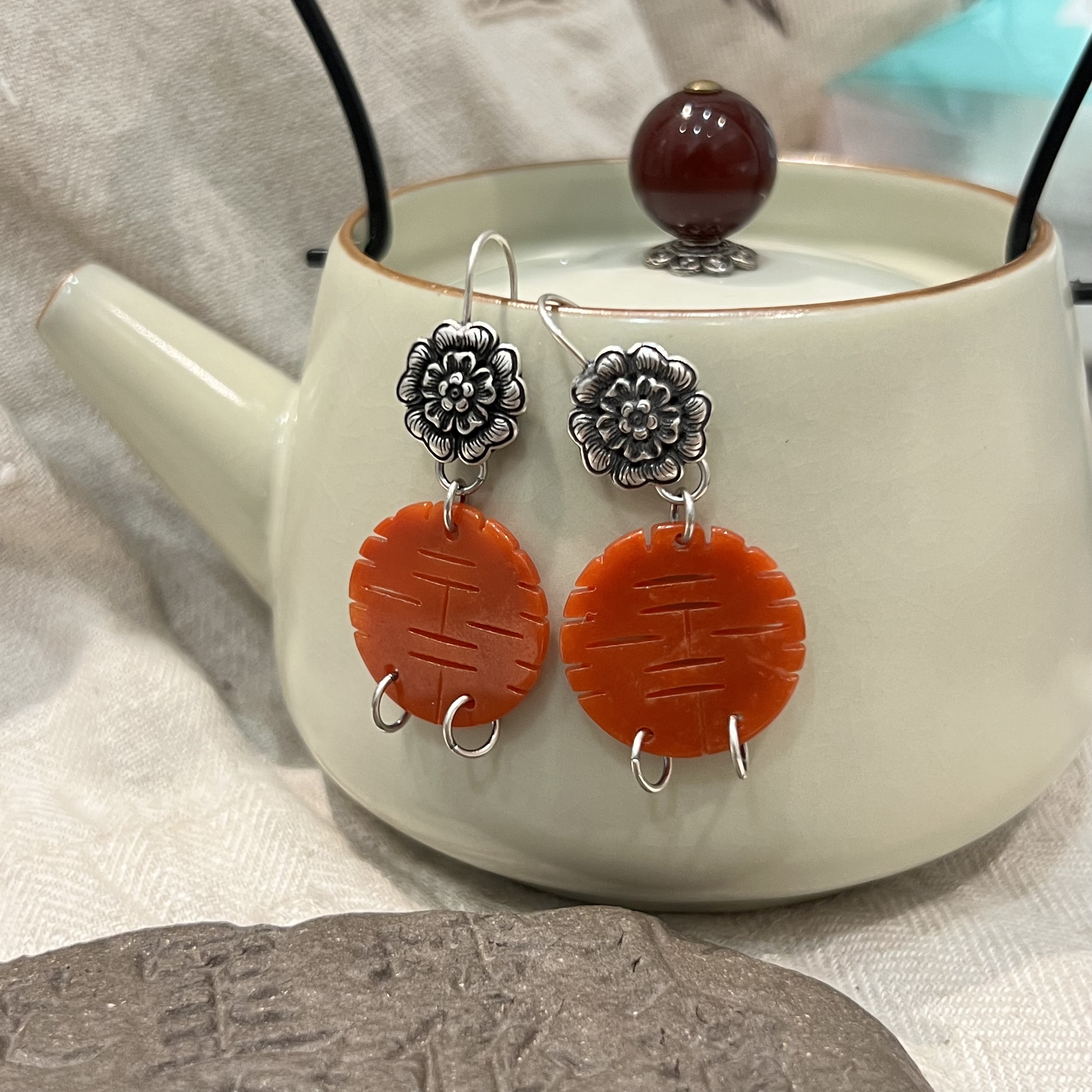 <一禅兄>S925银红翡翠双喜花朵耳钩复古国风古典女士耳环深浅不一