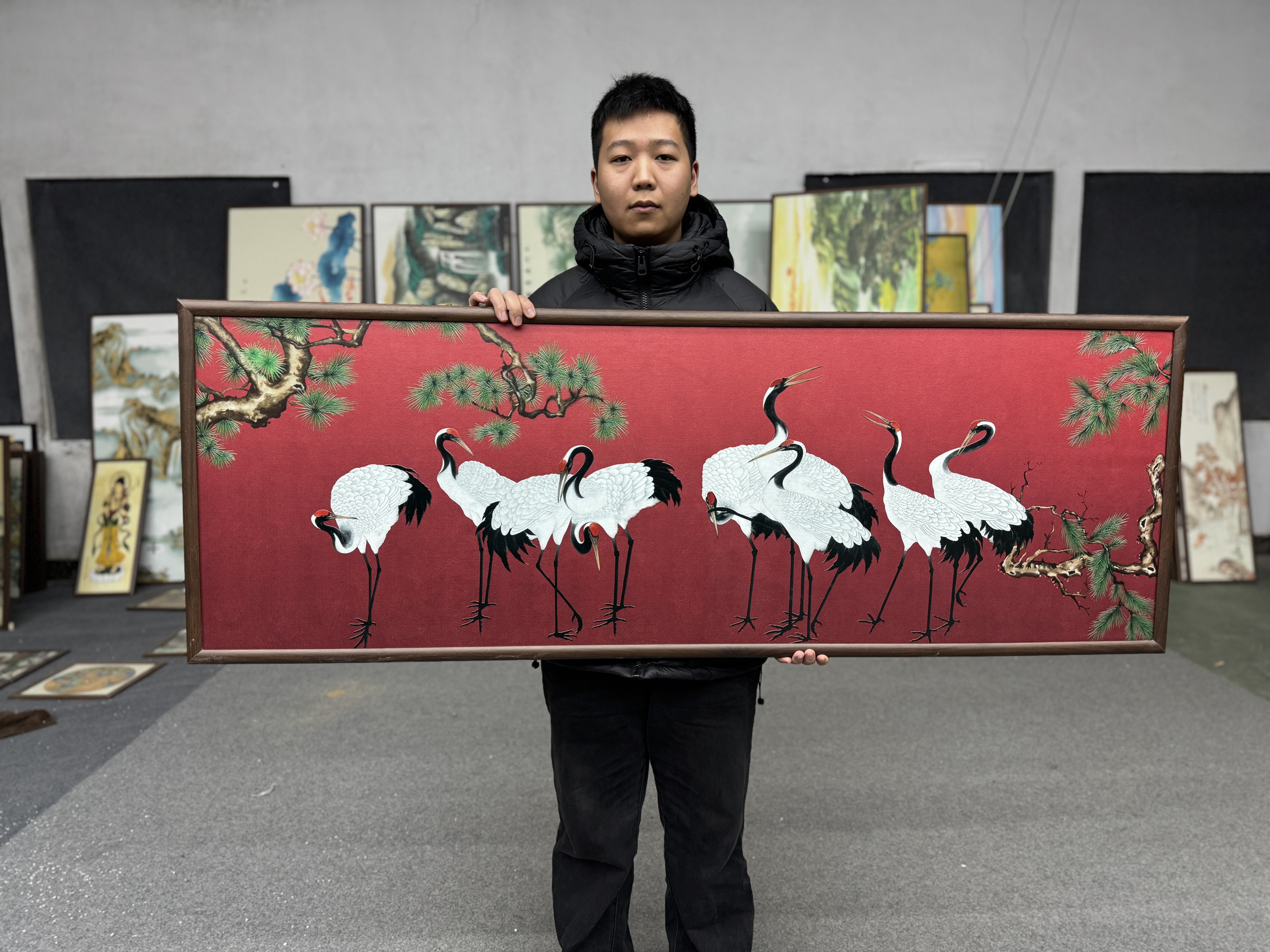 55*155仙鹤图皮雕中式装饰画木框玄关书房茶室客厅挂画