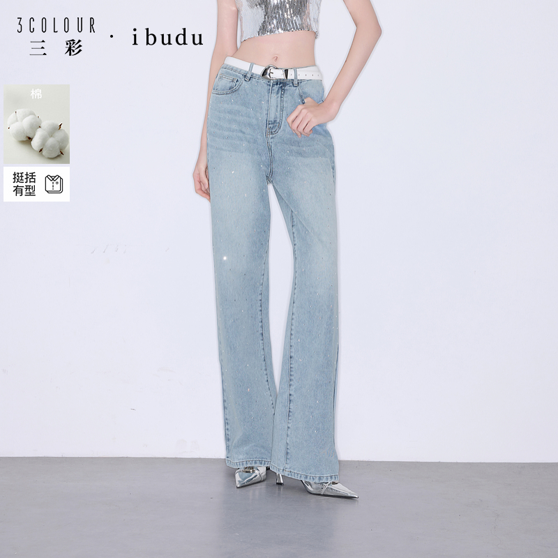 三彩ibudu2025夏季新款收腰牛仔裤显瘦直筒裤长裤烫钻女潮流