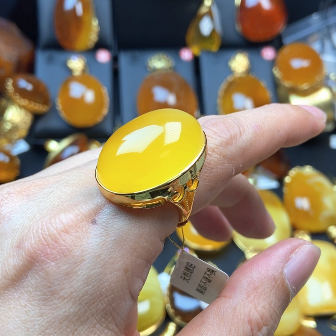 琥珀银S925镀金镶嵌戒指