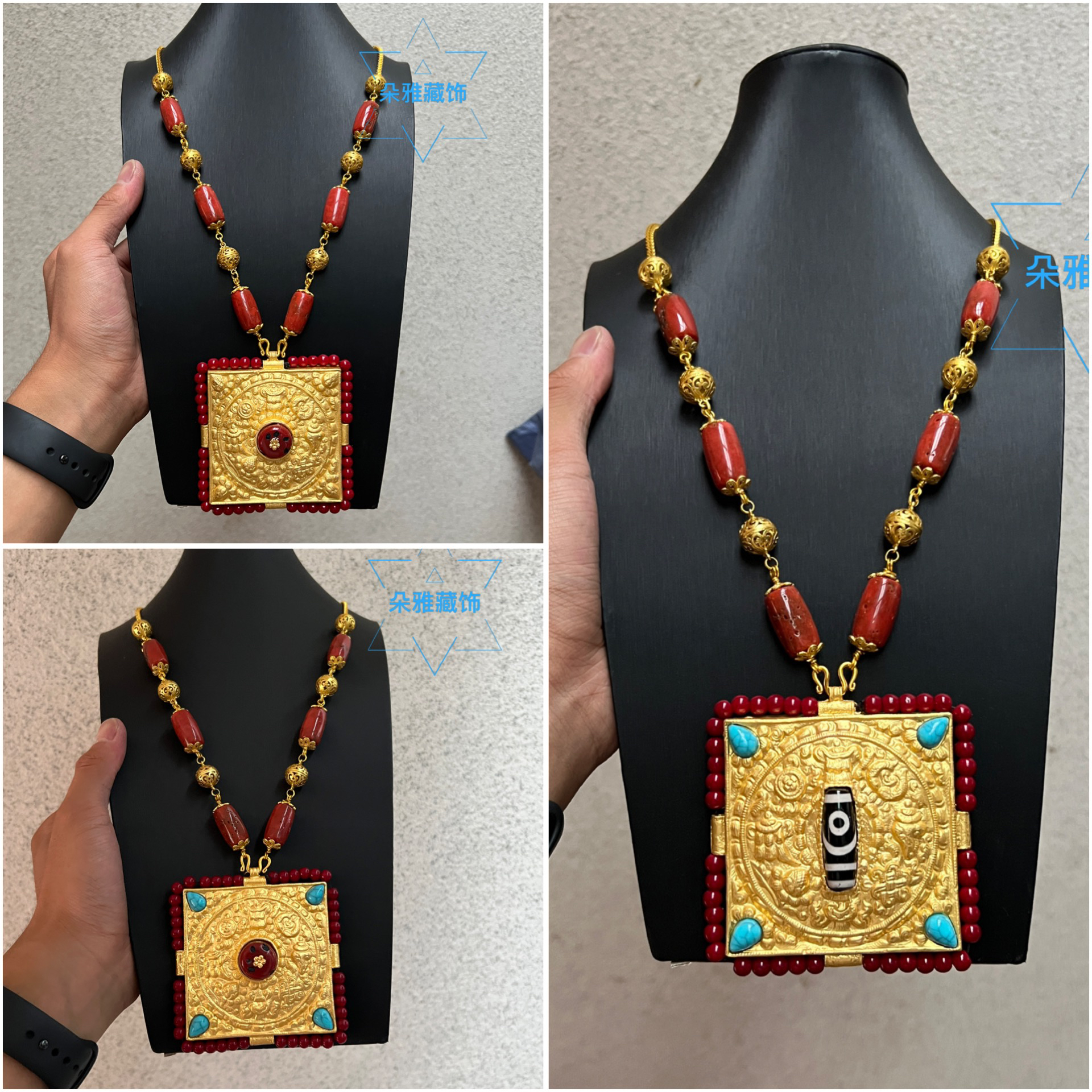 纯铜石英石项链 朵雅藏饰复古百搭长款饰品坠饰红色配饰藏装金色