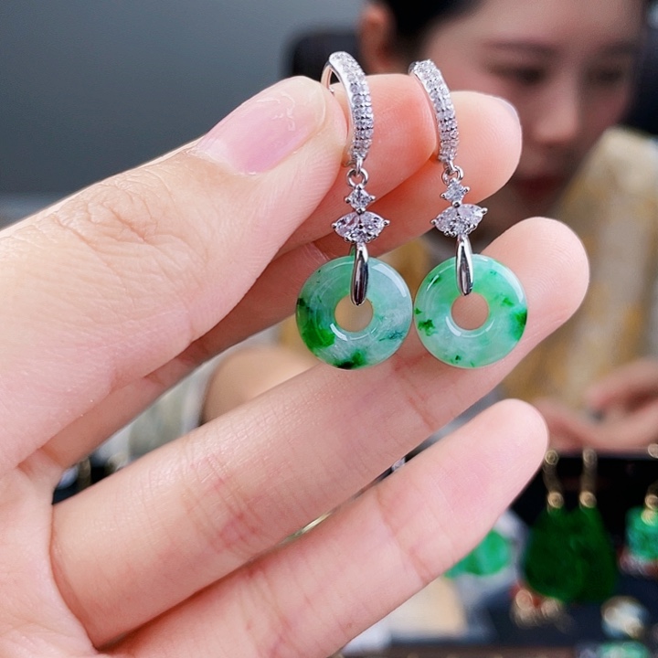 翡翠耳饰银S925镶嵌饰品