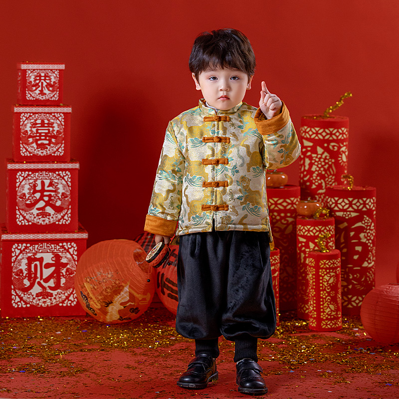 中小童年服两件套2025儿童卡通套装中国风加厚男童拜年服周岁礼服