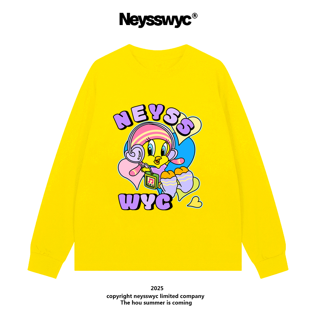 NEYSSWYC【售完不补】芒果黄色长袖T恤宽松英文字母KT涂鸦情侣打底