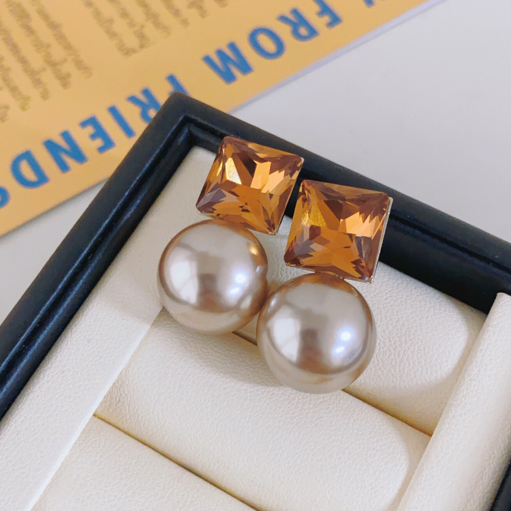 纯铜锆石耳饰 金色气质仿珍珠黄铜耳钉轻奢430-1