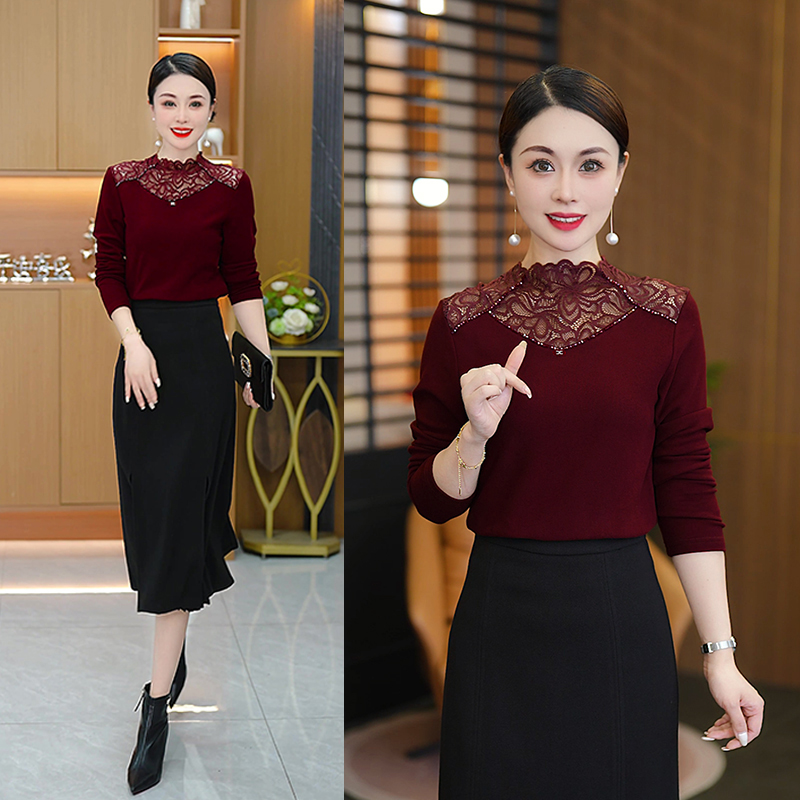 半高领蕾丝拼接长袖打底衫女秋冬时尚洋气小衫百搭修身显瘦上衣