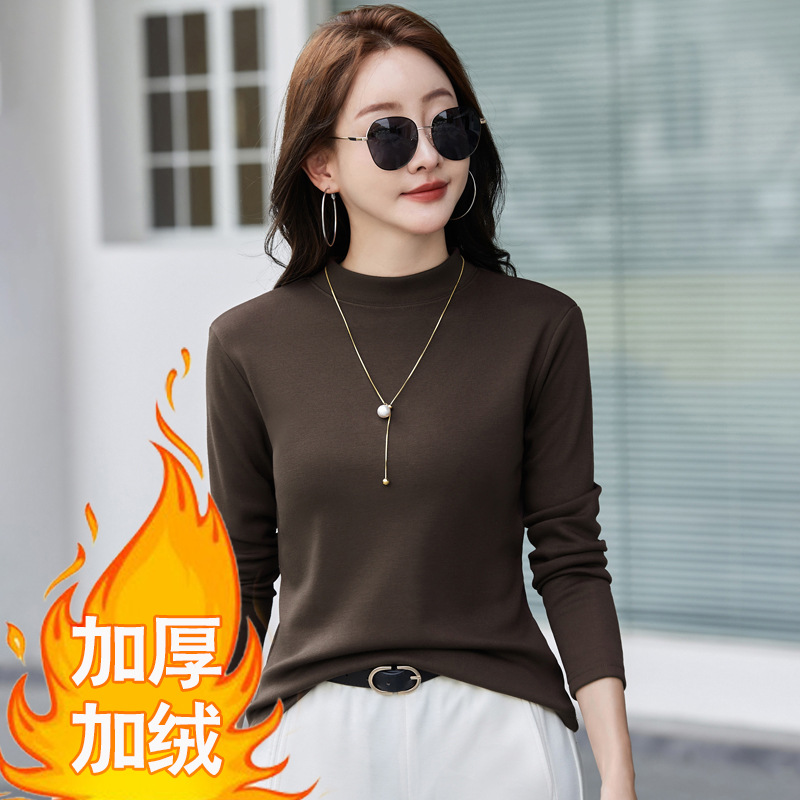 25年新款纯色德绒长袖加厚保暖时尚百搭打底半高领圆领加绒银狐绒