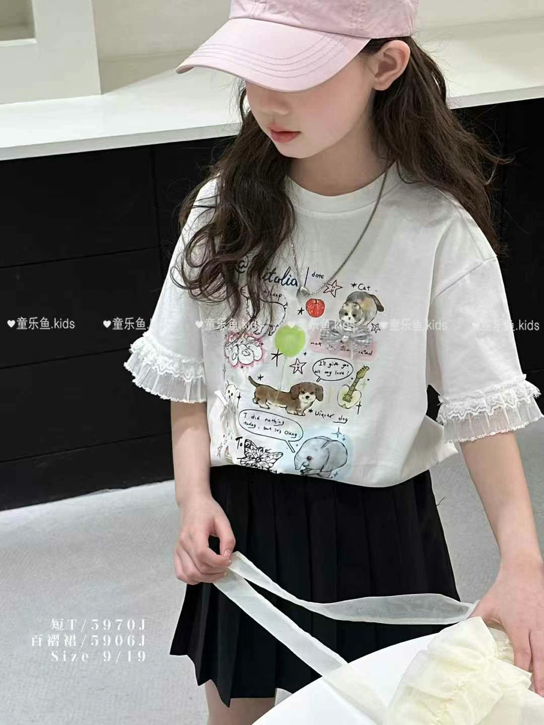 女童蕾丝花边卡通印花短袖T恤韩版休闲圆领上衣夏季