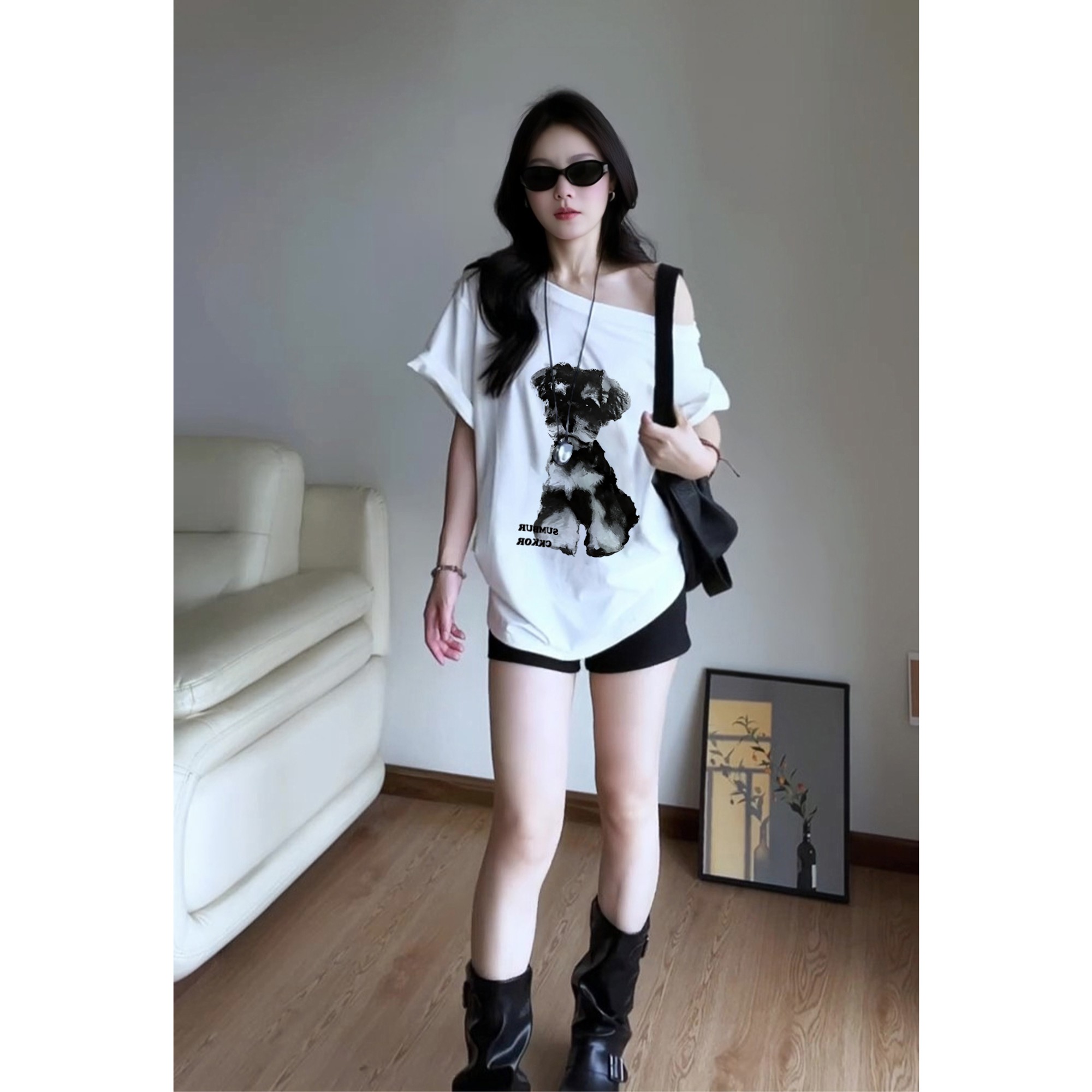 夏季新款穿搭休闲慵懒简约风一字领露肩短袖t恤女显瘦上衣服