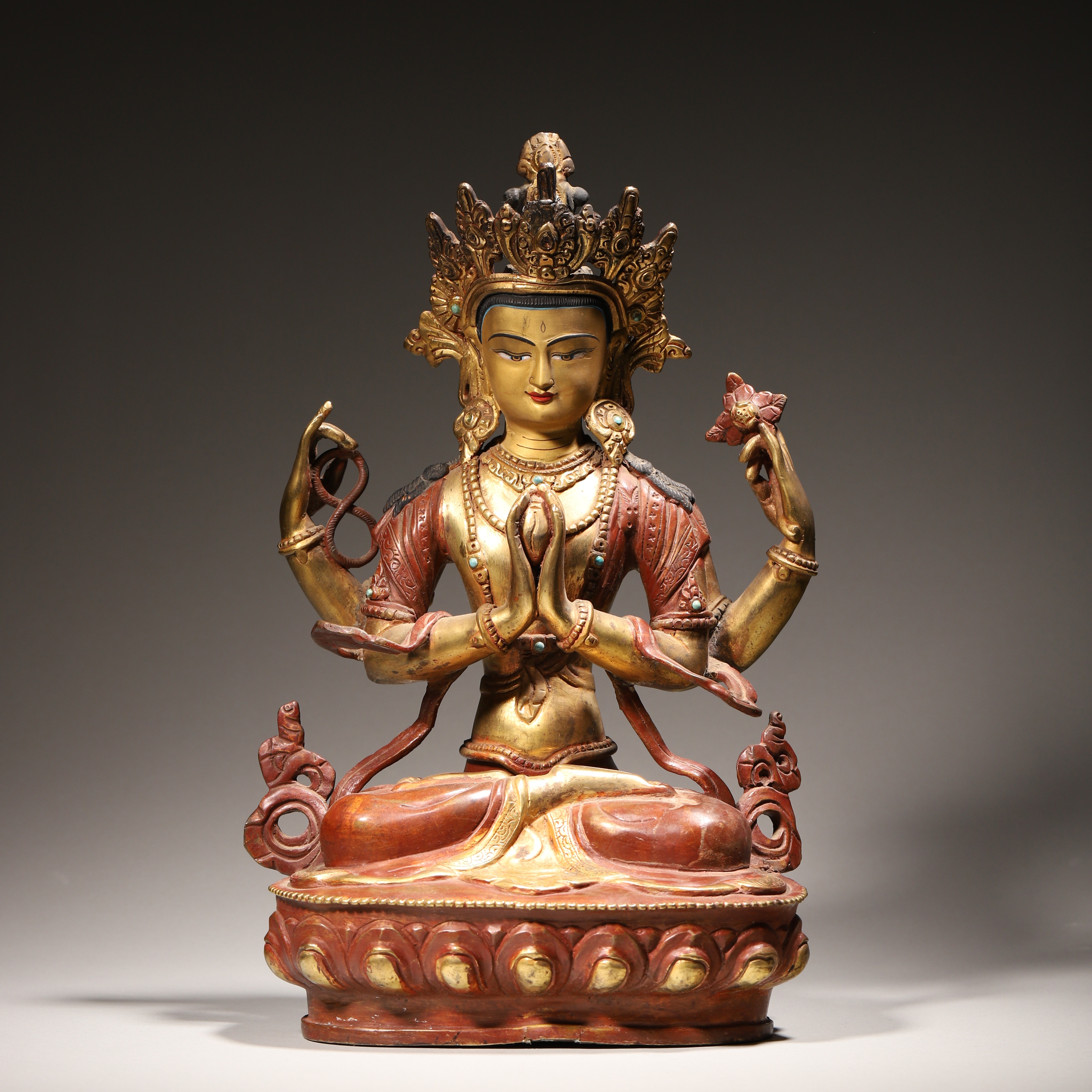 Lot23 20世纪 铜鎏金四臂观音造像