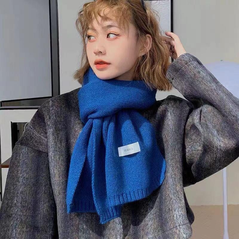 韩国网红ins新款针织围巾女冬季纯色百搭日系高级感洋气蓝色围脖