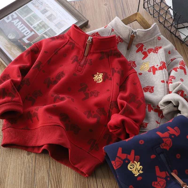 【年款】拜年服来啦！新款精致满印小马中大童半拉链加绒卫衣00531
