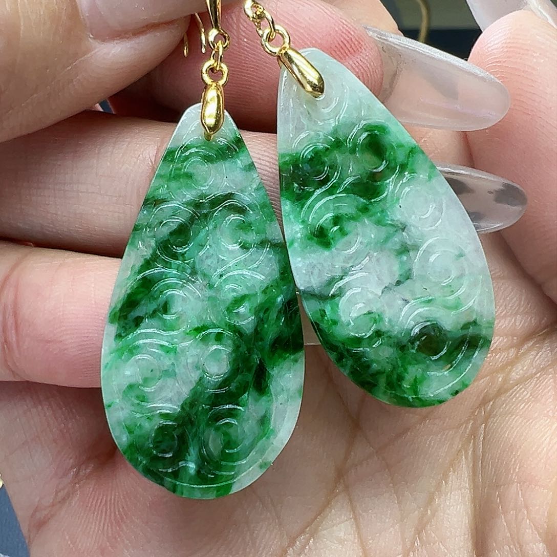 翡翠耳饰银S925镶嵌天然缅甸A货翡翠