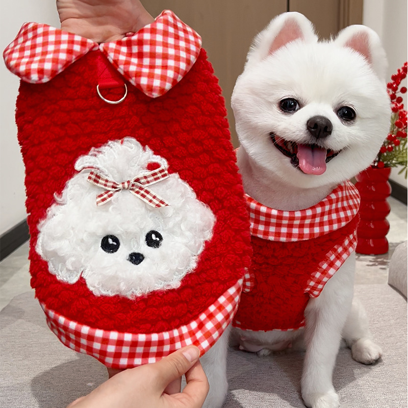 秋冬新年春节加绒宠物猫咪狗狗过年衣服用品牵引泰迪比熊