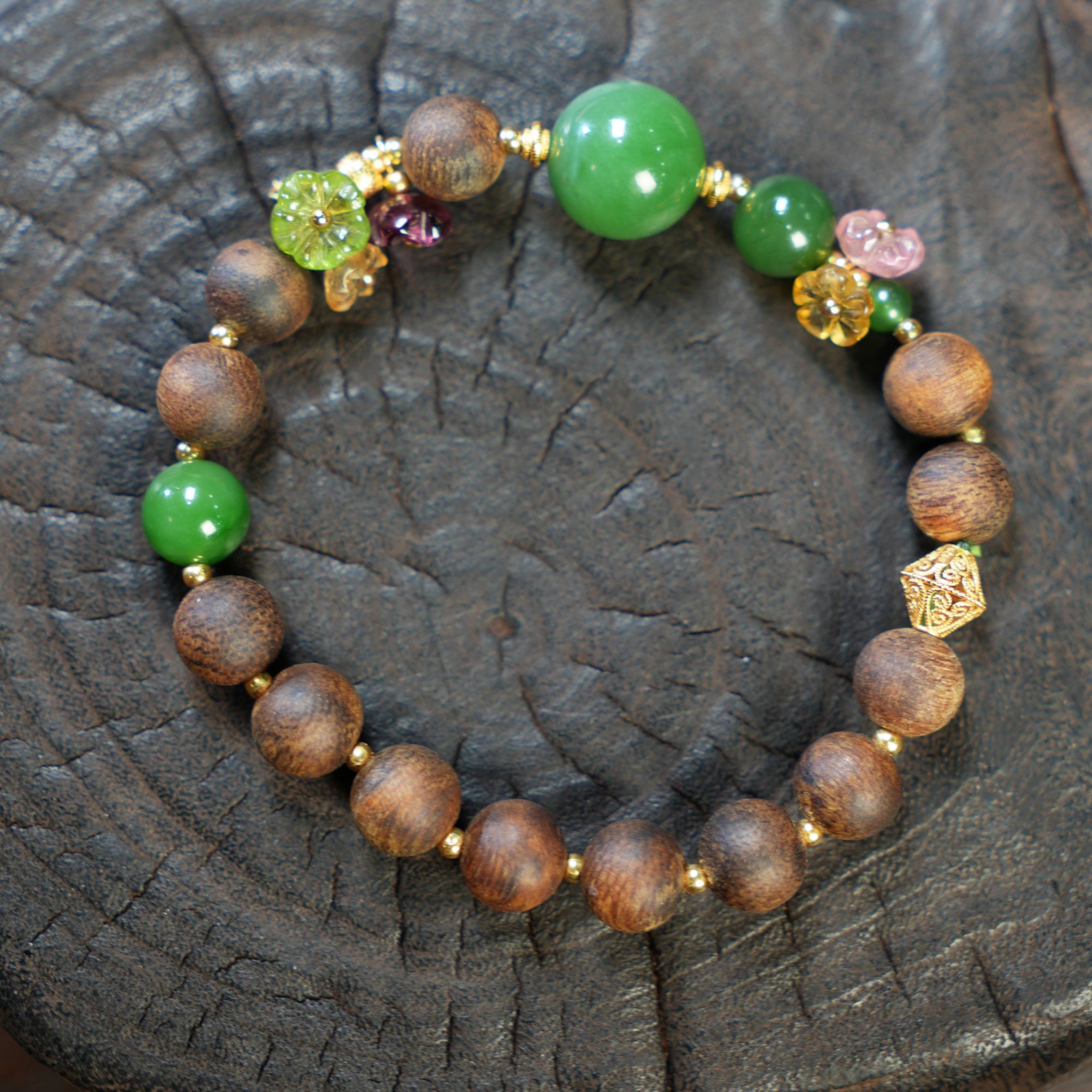 沉香【壹芳珠宝】天然原矿和田碧玉设计单圈8mm