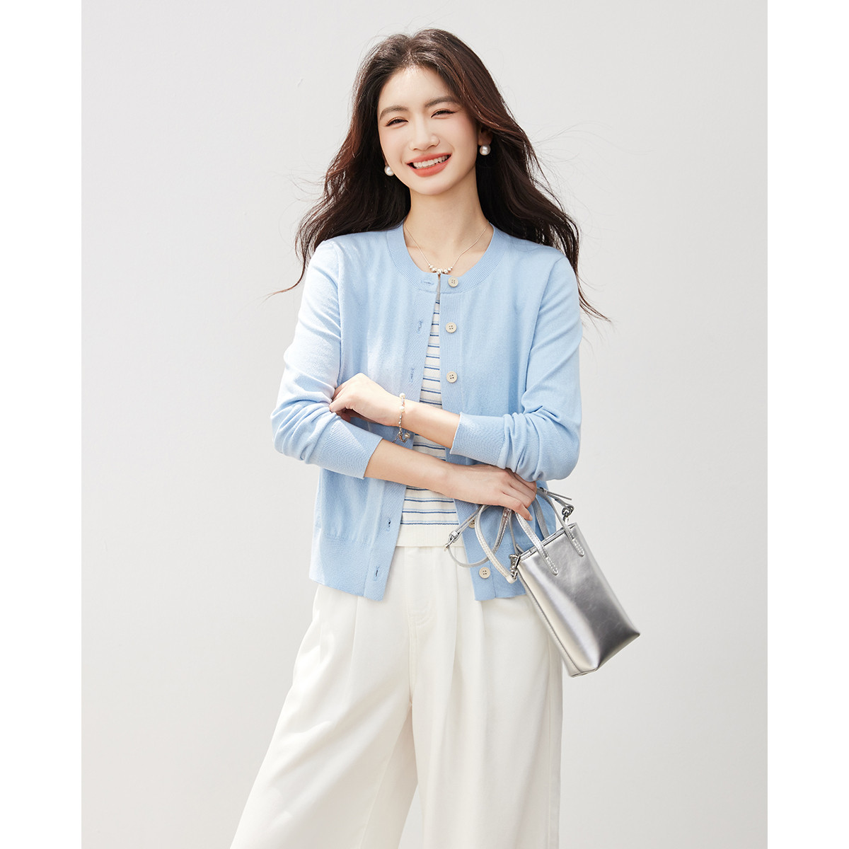 OSA/欧莎 假两件撞色条纹通勤长袖式针织衫上衣女秋季S125C16006