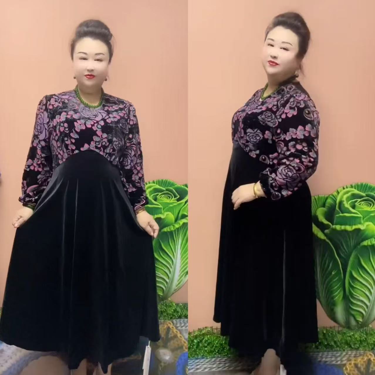 2573款时尚百搭拼接大码丝绒连衣裙