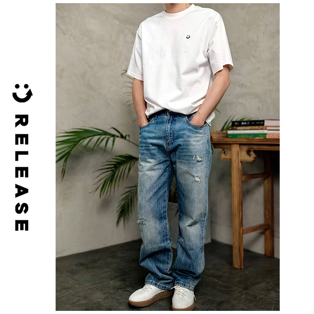 RELEASE【粉刷匠破洞牛仔裤】棉斜纹小直筒牛仔裤四季款笑脸-R51K12
