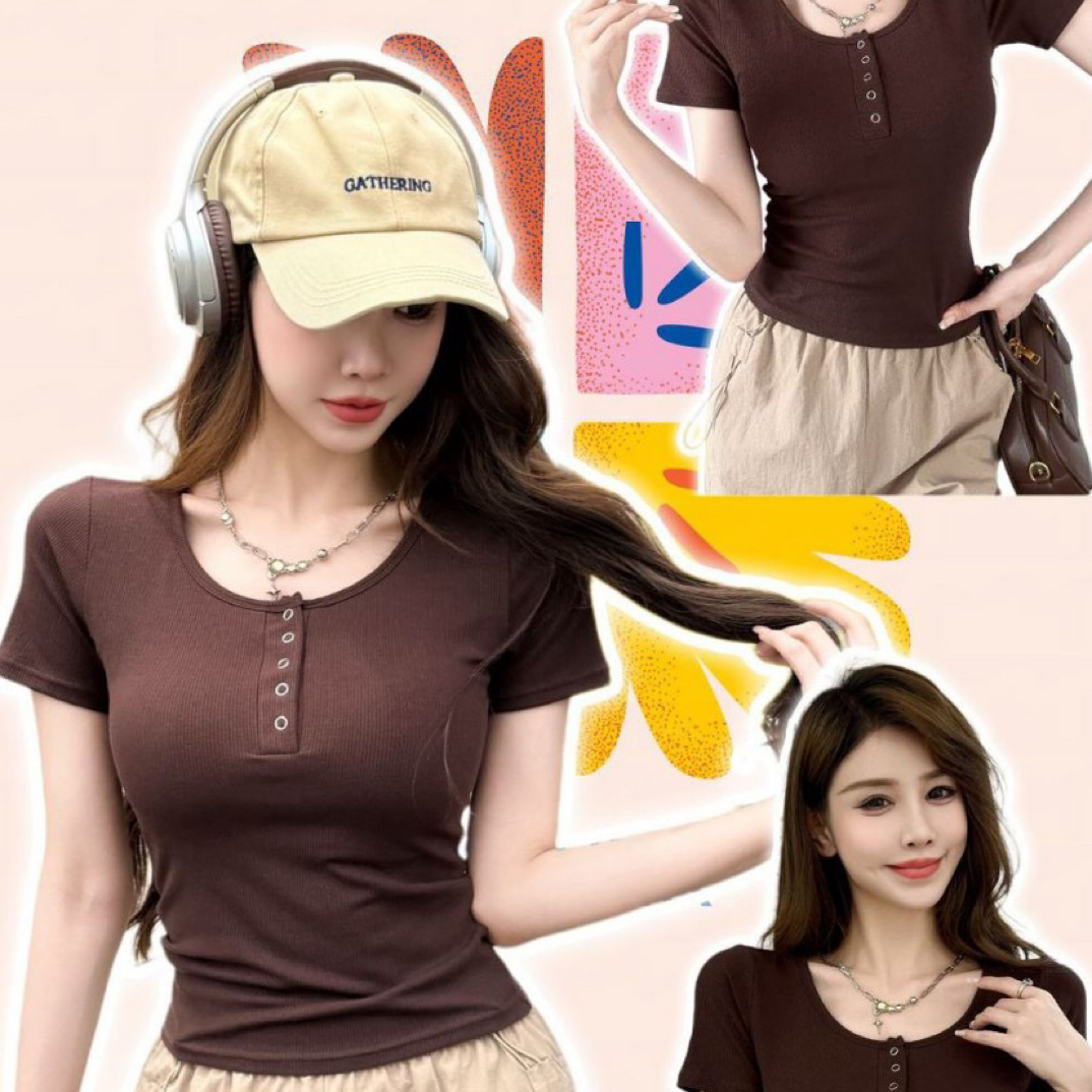 紧身纯色打底衫短袖女修身短款纯欲辣妹撞色修身T恤