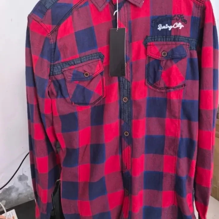 男士春秋红色格子长袖韩版潮流宽松休闲工装衬衫