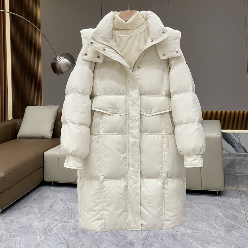 反季白色女中长款2025冬季宽松显瘦时尚连帽加厚平湖羽绒服