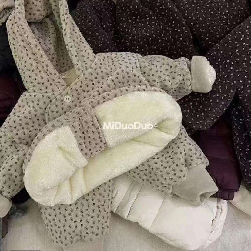 抗寒零下15度冬季儿童三层夹棉加绒加厚碎花保暖可外穿家居服套装