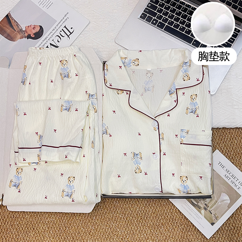 【带胸垫】长袖翻领睡衣女春秋季甜美可爱卡通家居服开衫套装139