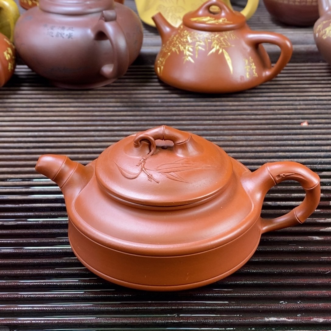 紫砂茶壶白4 竹鼓 朱泥