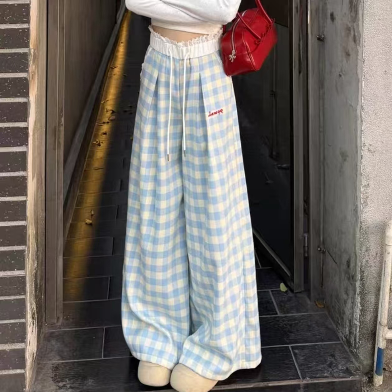 【小圆】浅蓝色格子长裤女2025新款韩系蕾丝拼接慵懒风休闲阔腿裤子