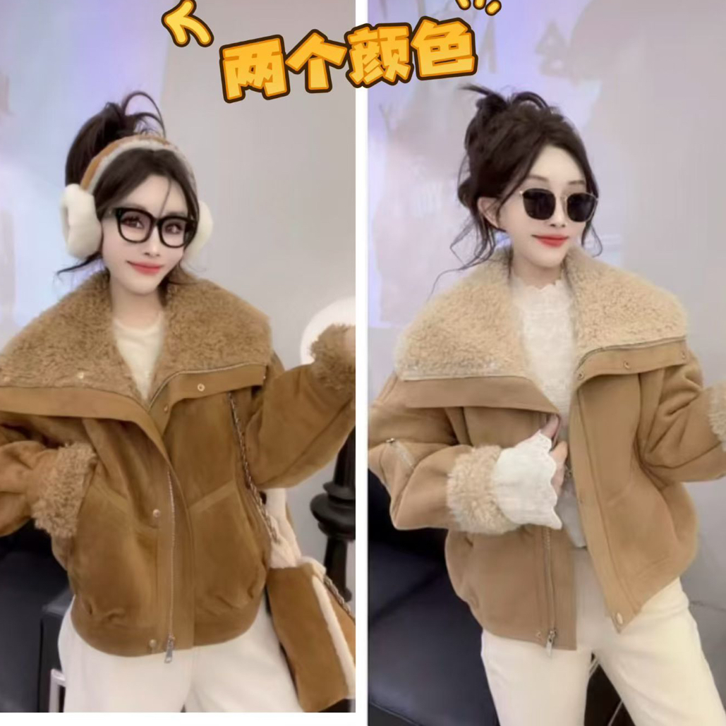 加绒加厚皮毛一体外套冬季新款2025大码小个子翻领保暖棉服防寒