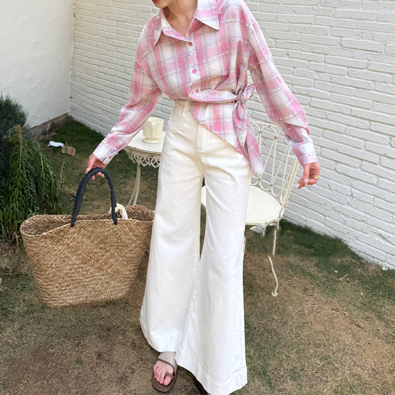 【芙】设计感系腰格子polo领衬衫2025春季新款设计师品牌女装