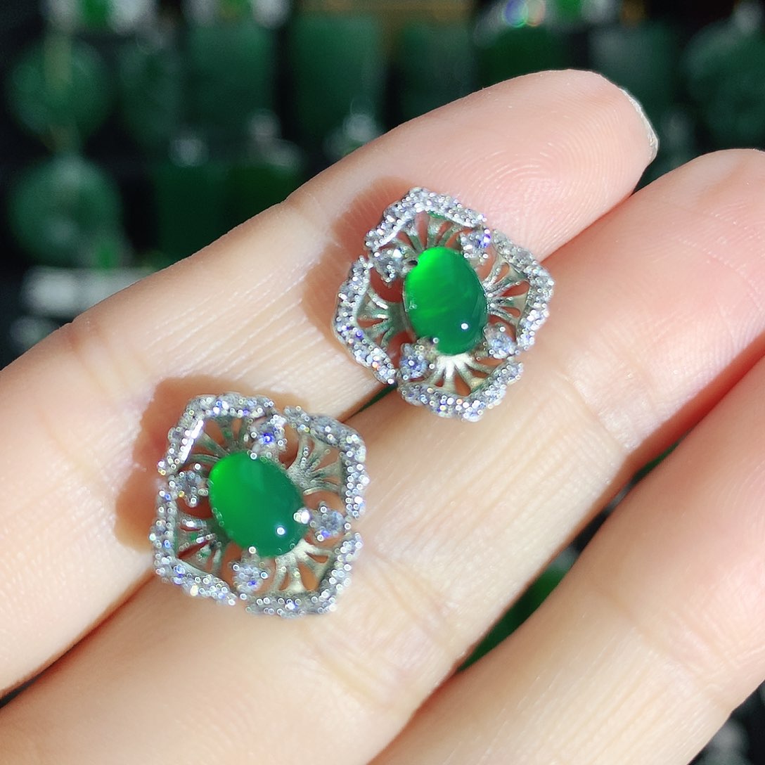 玛瑙/玉髓耳钉银S925镶嵌