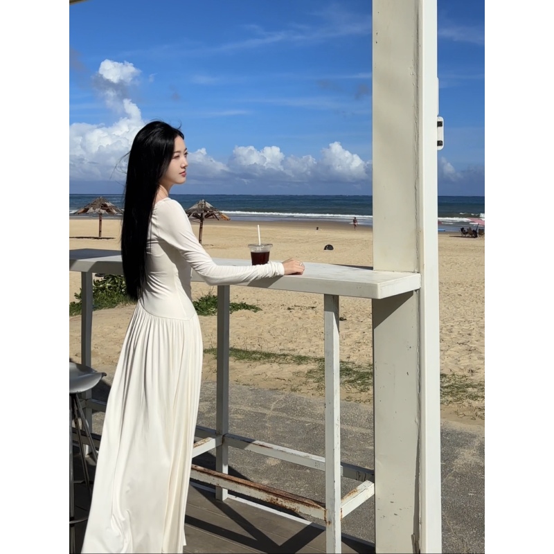 【月光杯】春夏冰感面料斜肩两穿显瘦长袖修身设计感连衣裙
