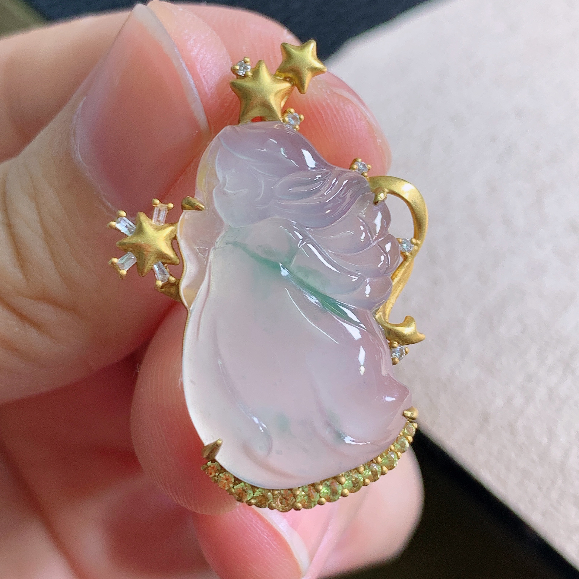 缅甸天然翡翠A货老坑冰种飘绿花仙子吊坠豪镶精品35*24.7*6编号3