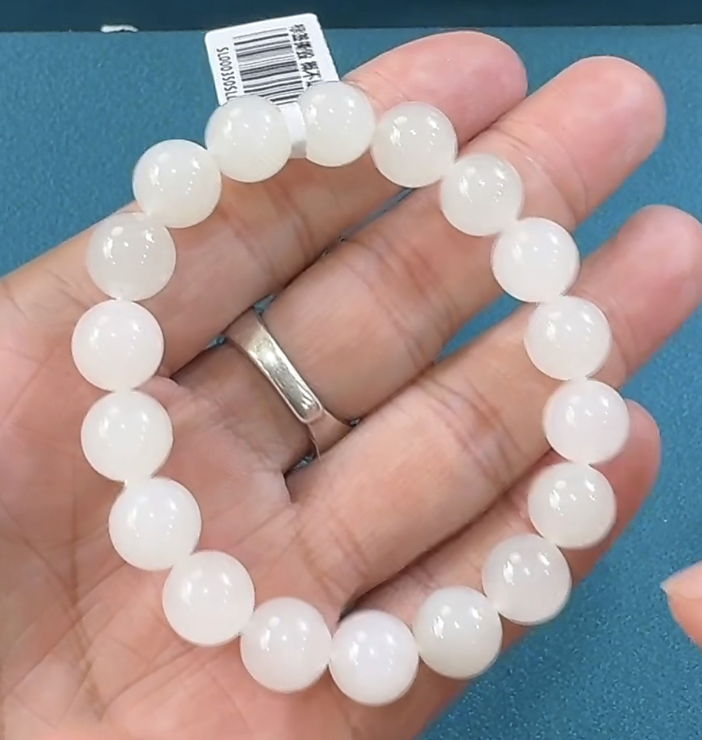 【倔老头精品】和田玉羊脂白圆珠素圈手串