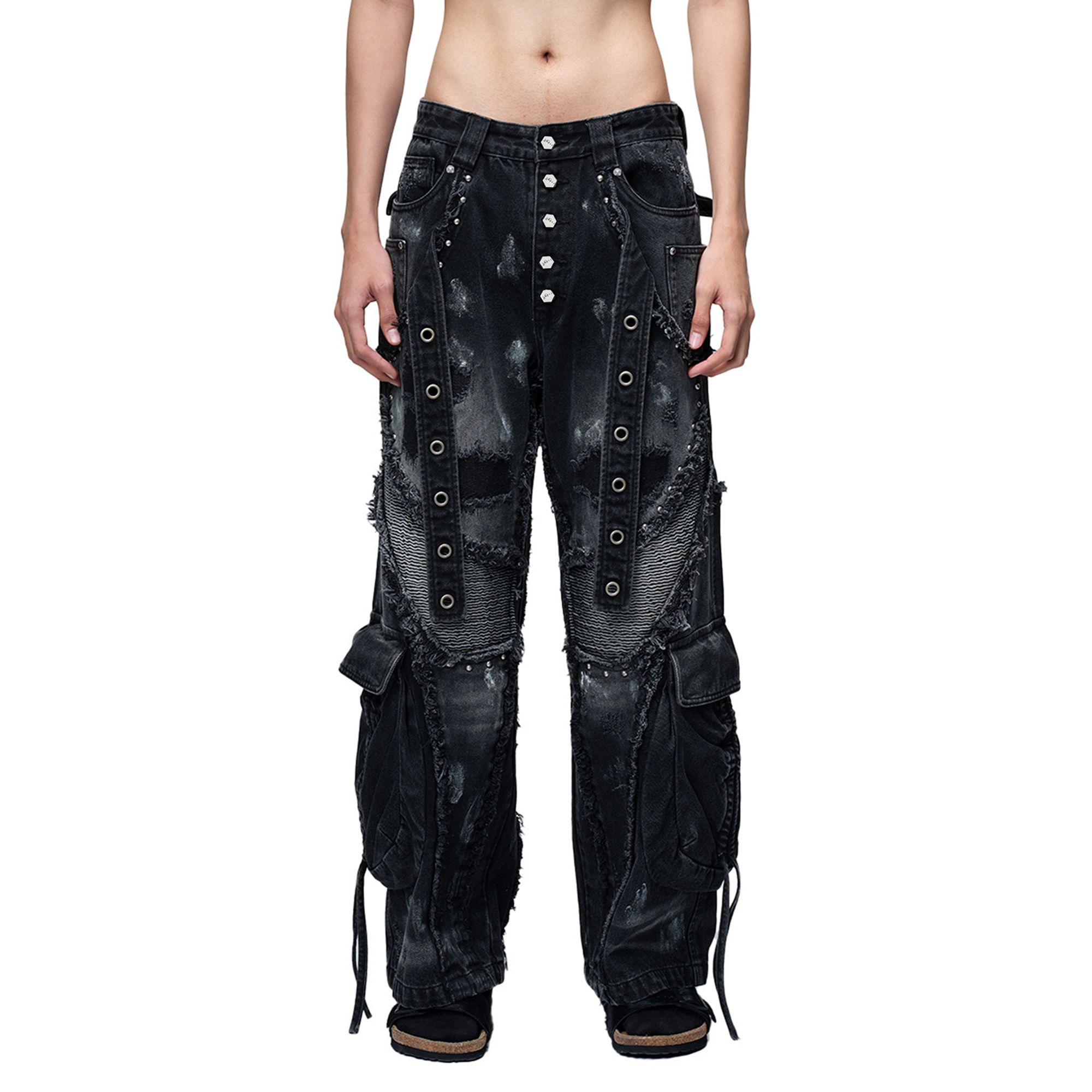 【LOCAT】TBHNP   曙光辉月铆钉飘带阔腿牛仔裤  T250023