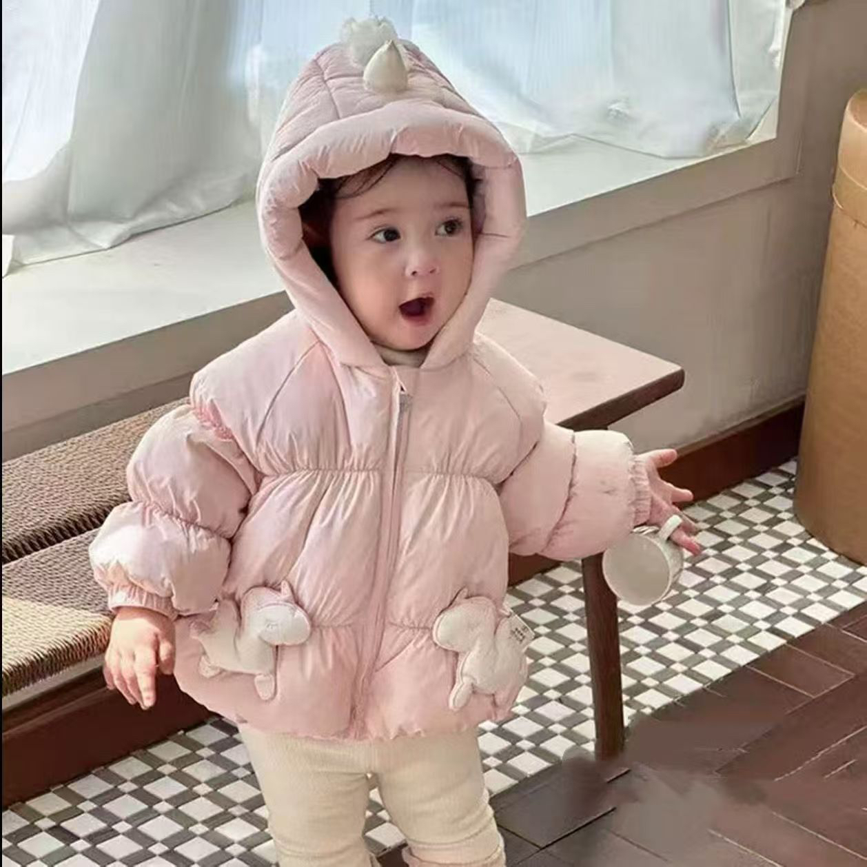 婴儿独角兽卡通女童加厚保暖外套冬装可爱连帽免洗