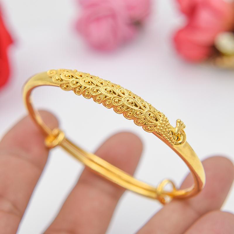 铜合金手镯 孔雀手镯女简约推拉可调节个性羽毛