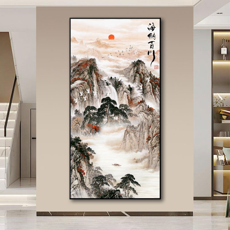 【海纳百川】入户门玄关装饰画过道风景画2025挂画高端晶瓷画